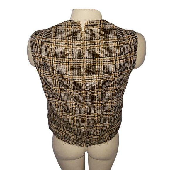Vintage Plaid Wool Two-Piece Jacket Sleeveless Top Brown/Beige Checkered Women S - Picture 7 of 10